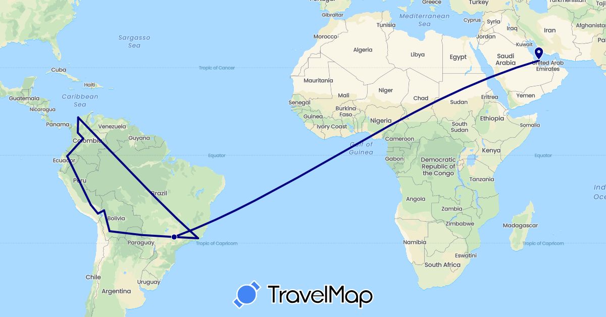 TravelMap itinerary: driving in Bolivia, Brazil, Colombia, Ecuador, Peru, Qatar (Asia, South America)