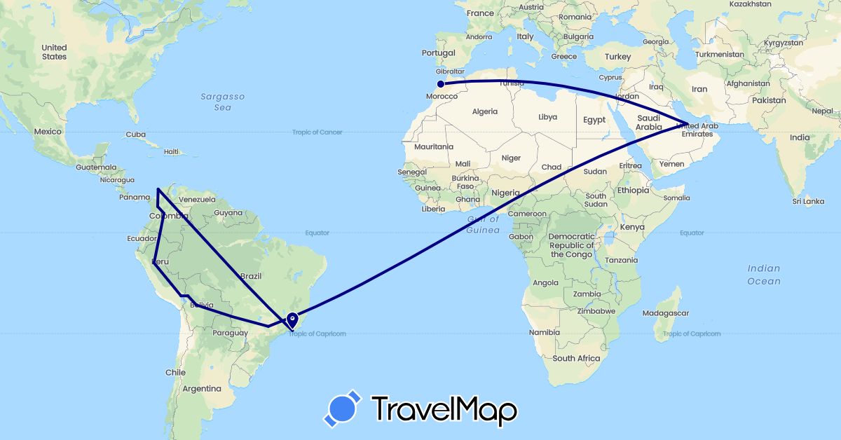 TravelMap itinerary: driving in Bolivia, Brazil, Colombia, Morocco, Peru, Qatar (Africa, Asia, South America)